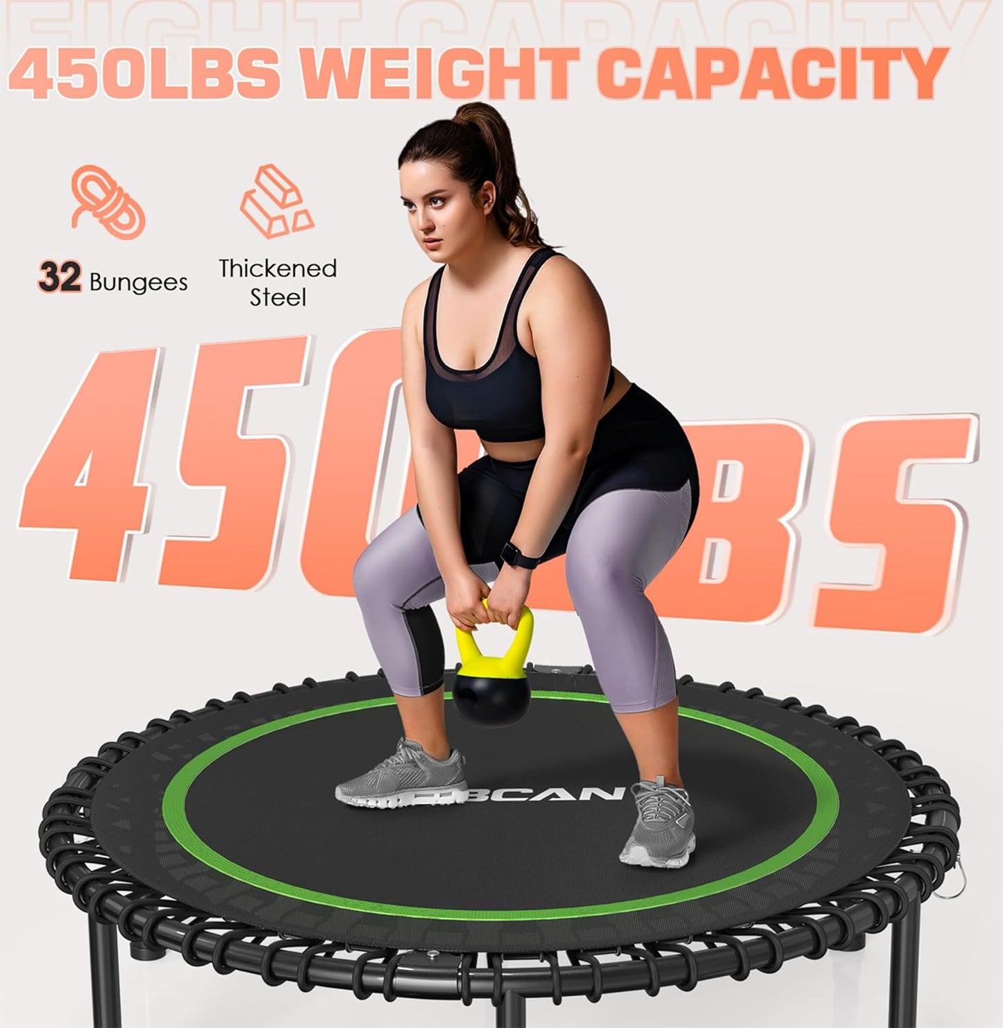 450/550 LBS Foldable Mini Trampoline, 40"/48" Fitness Trampoline with Bungees, U Shape Adjustable Foam Handle, Stable & Quiet Exercise Rebounder for Adults Indoor/Outdoor Workout