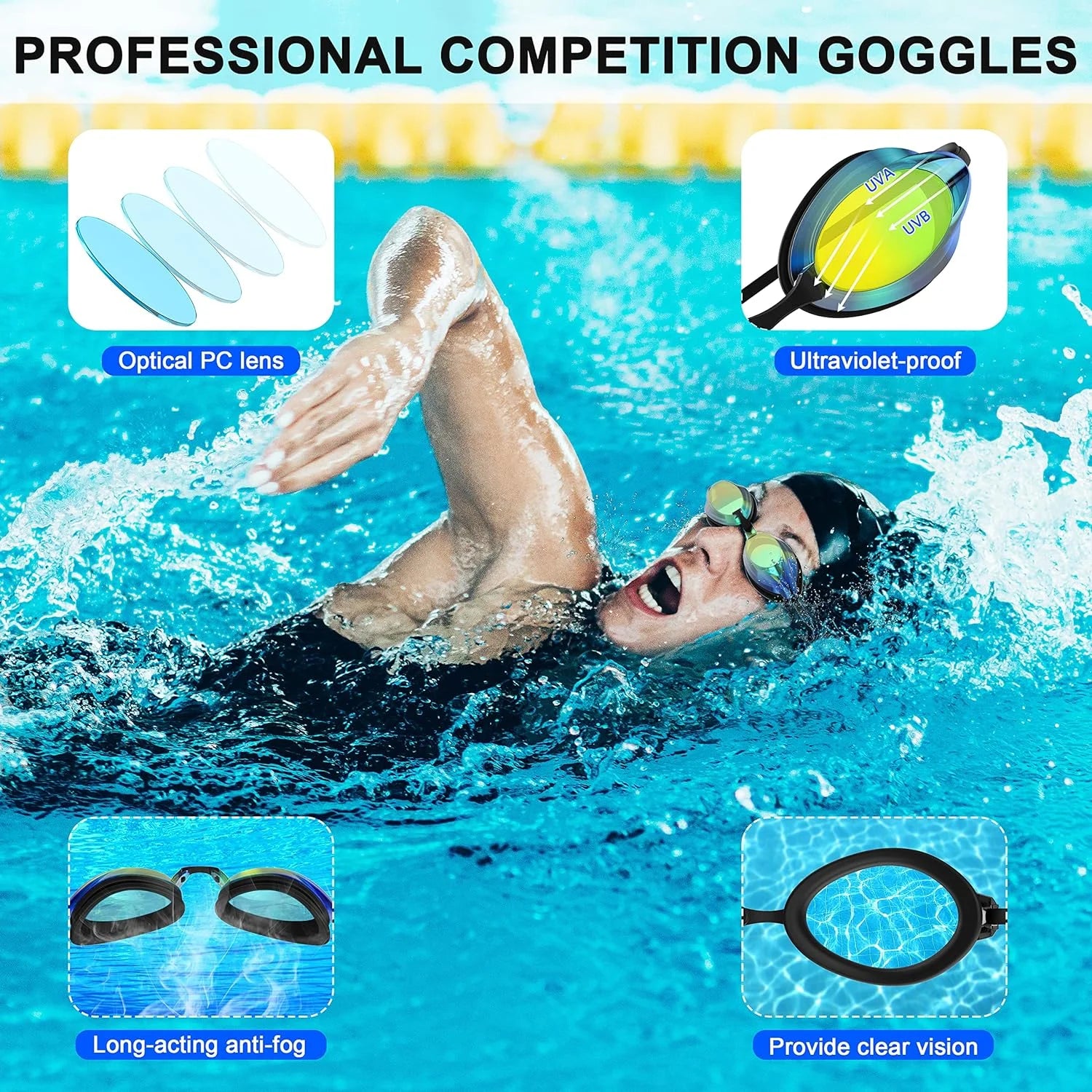 Swim Goggles for Kids, Adults, Youth, No Leak Waterproof Swimming Goggles, Goggles with Nose Cover, Tinted, Anti-Fog Lenses with UV Protection, Black